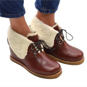 SWEDISH HASBEENS Pastry Fur Lined Leather Foldover Wedge Booties 37